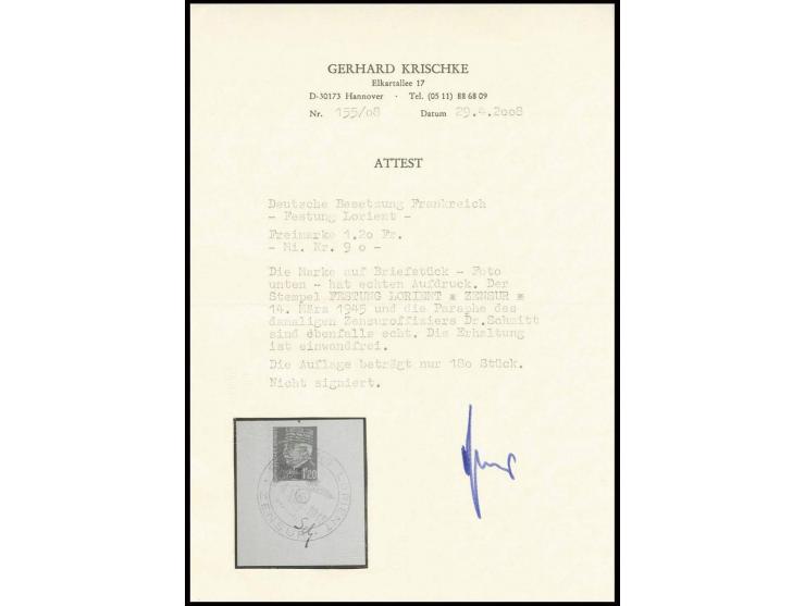 1.20 Fr. mit Stempel "FESTUNG LORIENT ZENSUR 14. März 1945" auf Briefstück, nebengesetzt die Paraphe des Zensuroffiziers Dr. 