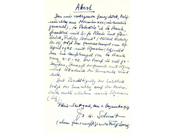 2 Fr. mit Stempel "FESTUNG LORIENT ZENSUR 29. April 1945" und nebengesetzter Paraphe des Zensuroffiziers Dr. Schmitt auf Brie