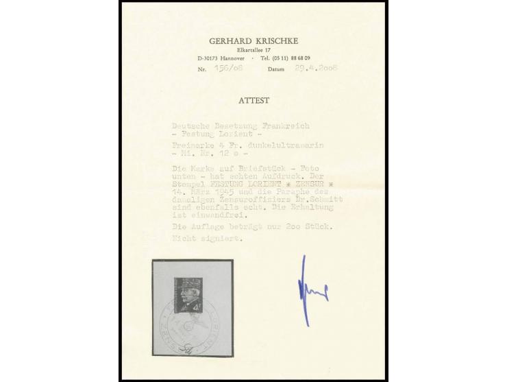 4 Fr. mit Stempel "FESTUNG LORIENT ZENSUR 14. März 1945" auf Briefstück, nebengesetzt die Paraphe des Zensuroffiziers Dr. Sch