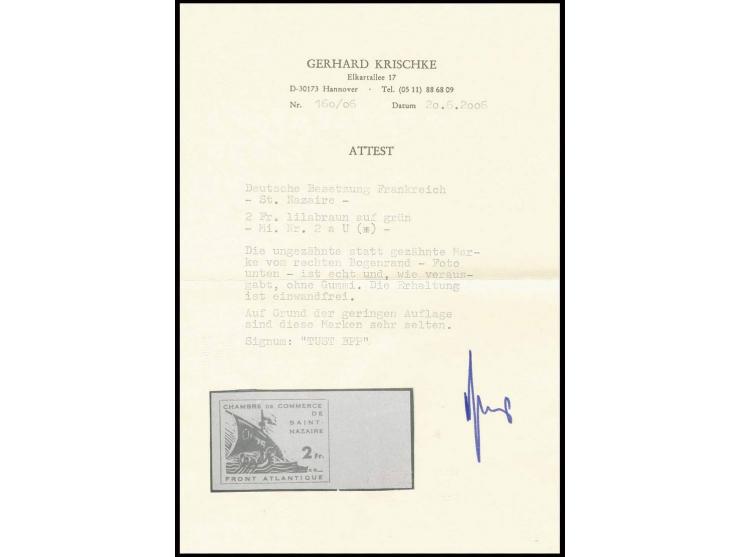 1945, Handelskammer 2 Fr., ohne Gummi, ungezähntes rechtes Randstück, sign. Tust BPP und Fotoattest Krischke