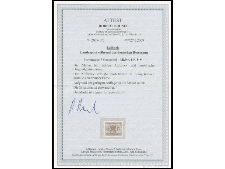 PORTOMARKEN: 1944, 5 C. mit Probeaufdruck in orangebraun statt braun, postfrisch, Kabinett, sign. Ercegovic BPP und Fotoattes
