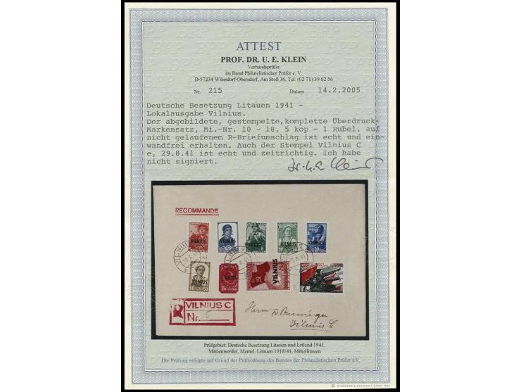 5 K.-1 Rbl. rot/schwarz kpl. mit Stempel "VILNIUS 29.8.41" auf beschriftetem philatelistischem R-Umschlag, Kabinett, Fotoatte