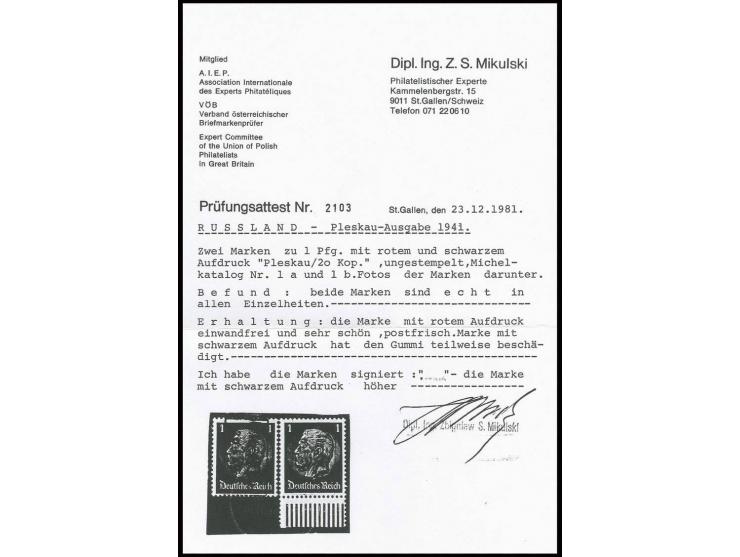 1941, 20 Kop. auf 1 Pfg., ungebraucht, sign. Mikulski mit Fotoattestkopie, Pracht