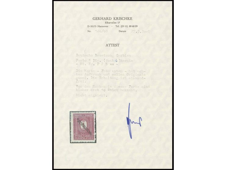 1 Din. karmin, postfrisch, Kabinett, laut Fotoattest Krischke bisher nur 10 Stück bekannt!