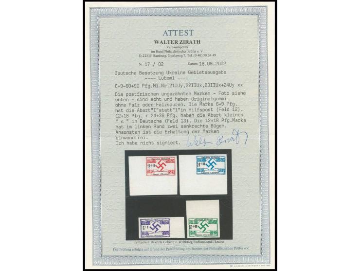 LUBOML: 1944, 6-60 Pfg. ungezähnt, dabei 6 Pfg. mit rechtem Rand und Plattenfehler "I statt i in Hiflspost", 12 Pfg. und 24 P