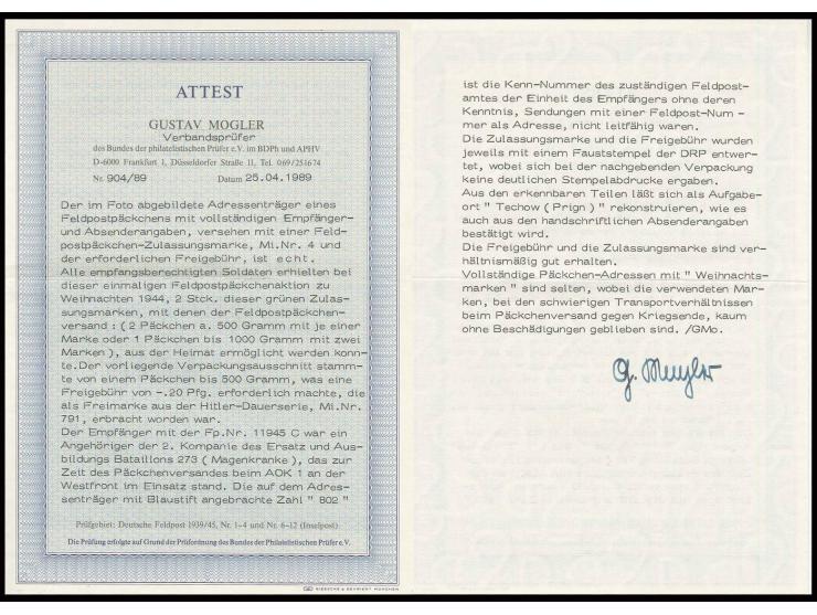 dito, mit Hitler 20 Pfg. auf komplettem Addressenträgerteil für ein Päckchen von "TECHOW..." an einen Empfänger mit Feldpost-