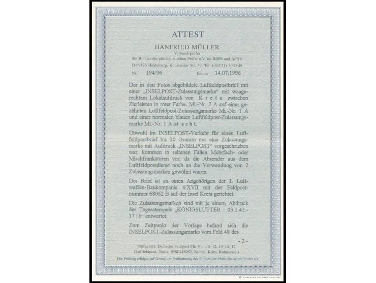 dito, mit Luftpost-Zulassungsmarke gezähnt ohne Aufdruck auf Brief von "KÖNIGSLUTTER 3.1." an die Feldpostnummer "68052 B" (1