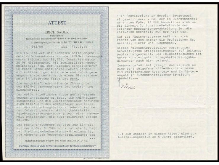 dito, in Type II mit Zufrankatur 20 Pfg. auf komplettem Adressenträgerteil für ein Päckchen mit Ra2 "Bei der Feldpost eingeli