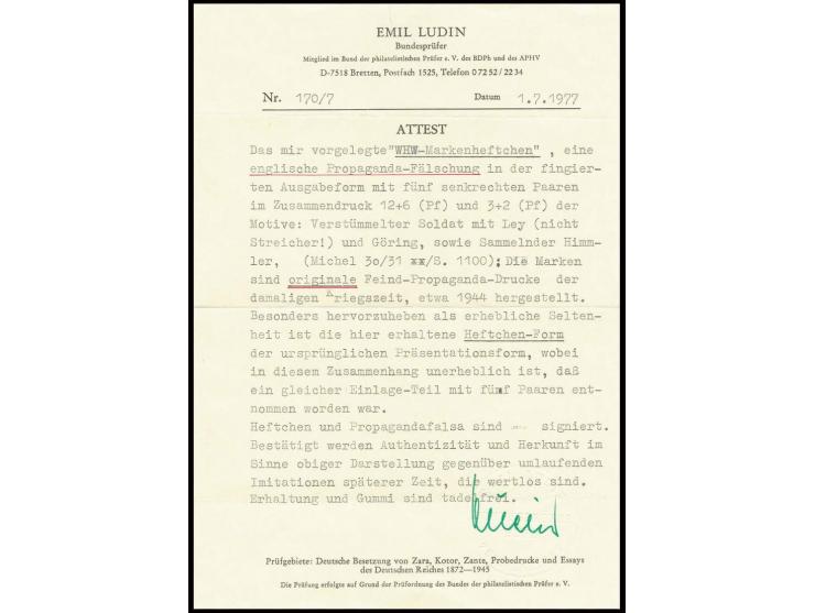 3 und 12 Pfg., Heftchenblatt mit 5 senkrechten Zusammendrucken im Markenheftchen (2. H-Blatt fehlt), Deckel mit Faltspuren un