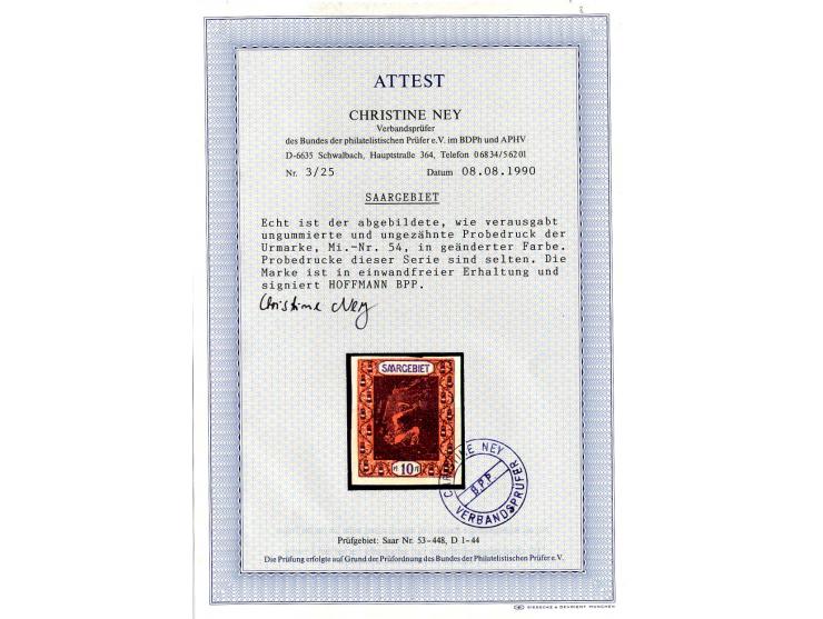 1921/26, 45 Probedrucke der Dauerserien, dabei 2 im Blockformat und 3 Stück zusammen im Blockstück, teils sign., 13 Atteste N