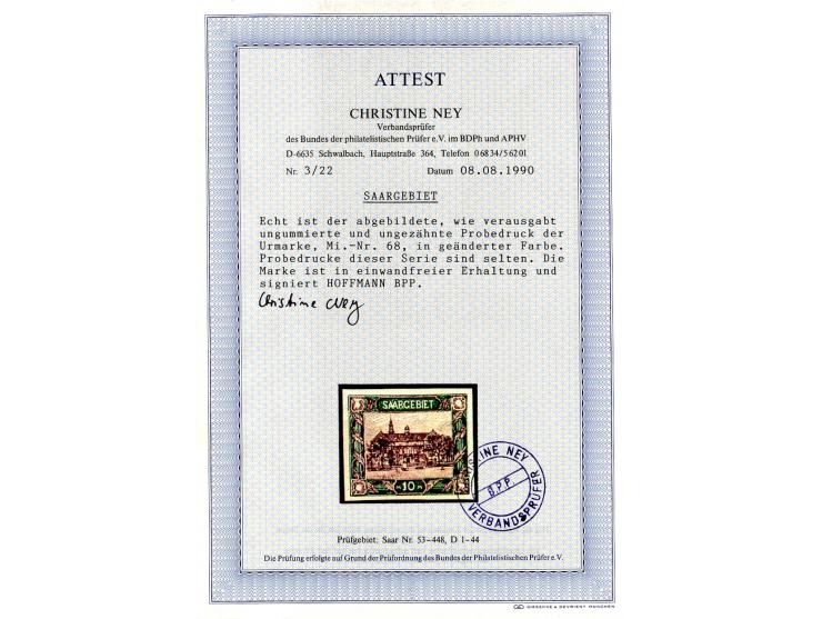 1921/26, 45 Probedrucke der Dauerserien, dabei 2 im Blockformat und 3 Stück zusammen im Blockstück, teils sign., 13 Atteste N