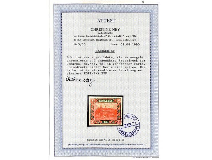 1921/26, 45 Probedrucke der Dauerserien, dabei 2 im Blockformat und 3 Stück zusammen im Blockstück, teils sign., 13 Atteste N