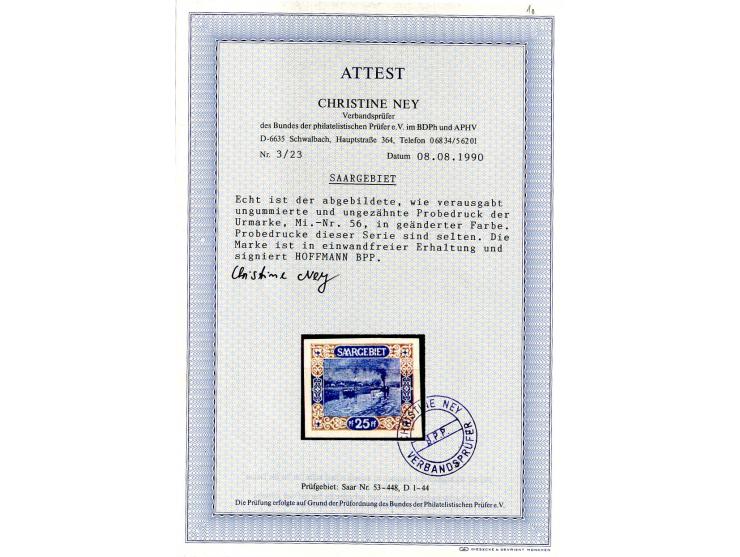 1921/26, 45 Probedrucke der Dauerserien, dabei 2 im Blockformat und 3 Stück zusammen im Blockstück, teils sign., 13 Atteste N