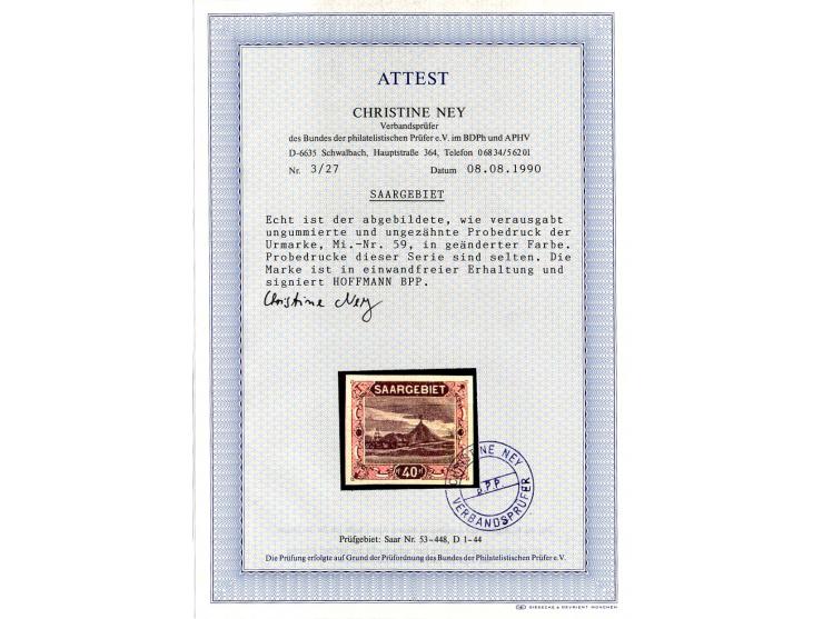 1921/26, 45 Probedrucke der Dauerserien, dabei 2 im Blockformat und 3 Stück zusammen im Blockstück, teils sign., 13 Atteste N