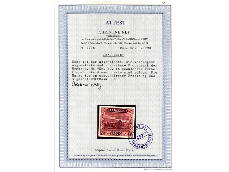 1921/26, 45 Probedrucke der Dauerserien, dabei 2 im Blockformat und 3 Stück zusammen im Blockstück, teils sign., 13 Atteste N