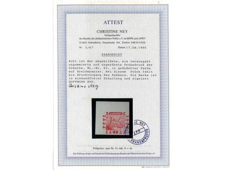1921/26, 45 Probedrucke der Dauerserien, dabei 2 im Blockformat und 3 Stück zusammen im Blockstück, teils sign., 13 Atteste N