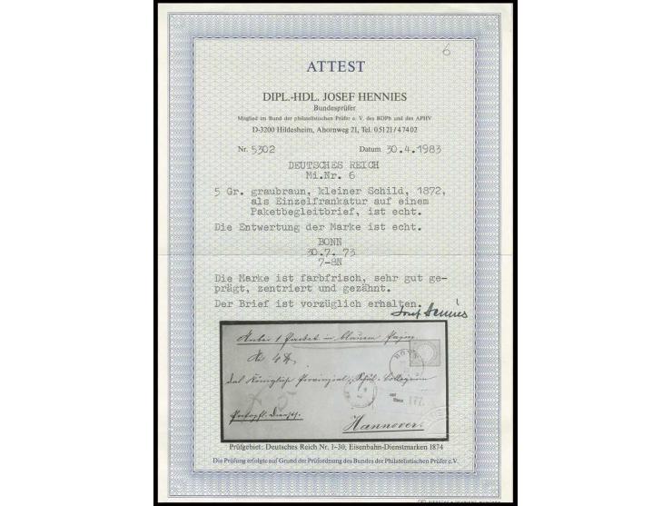 5 Gr. graubraun, farbfrisch, sehr gut geprägt, zentriert und gezähnt als Einzelfrankatur mit EKr. "BONN 30 7 73" auf Paketbeg