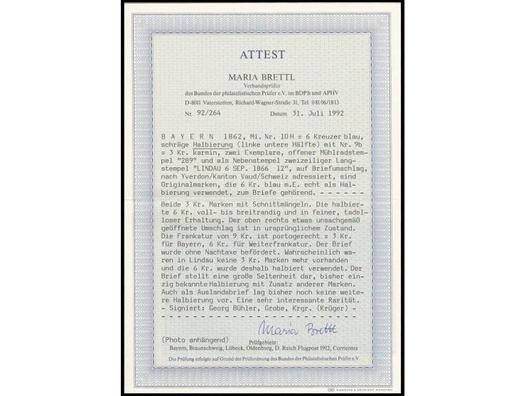 6 Kr. blau, diagonal halbiert, voll- bis breitrandig geschnitten mit zwei teils angeschnittenen Einzelwerten 3 Kr. rosa, jewe