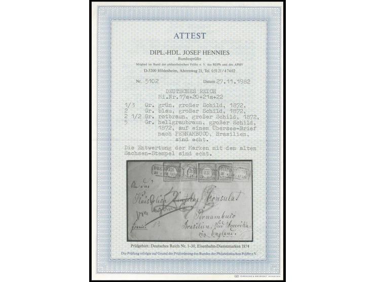 1/3 Gr. grün, 2 Gr. blau im waagerechten Paar, 2 1/2 Gr. rotbraun und 5 Gr. ockerbraun, alle farbfrisch und gut gezähnt, mit 