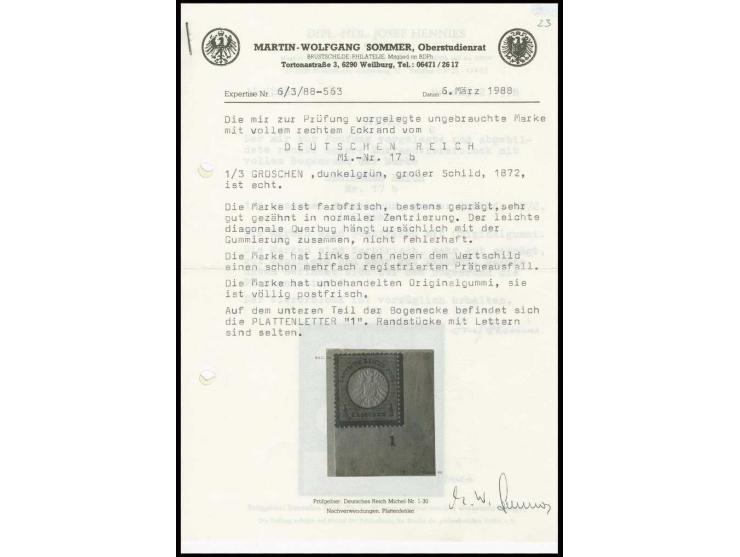 1/3 Gr. dunkelolivgrün, postfrische rechte untere Bogenecke mit Plattenkennzeichen "1" mit kleinem auf diesem Feld mehrfach r