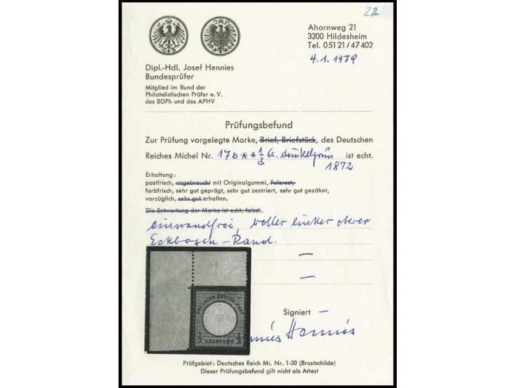 1/3 Gr. dunkelolivgrün, postfrische linke obere Bogenecke, Pracht, Fotobefund Hennies BPP