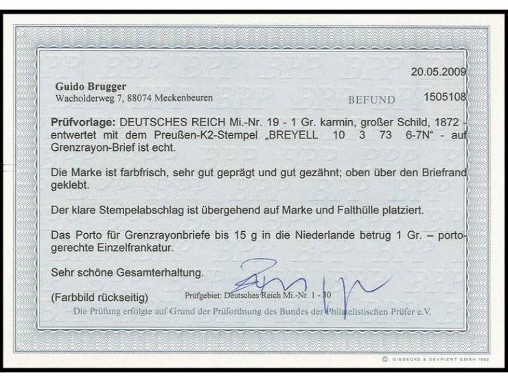 1 Gr. karmin mit Preußen-DKr. "BREYELL 10 3 73" auf Grenzrayon-Faltbrief nach Roermond (Niederlande), Pracht, Befund Brugger 