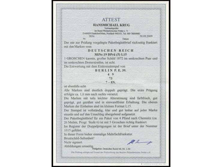 1 Gr. karmin im farbfrischen und gut gezähnten senkrechten Paar und Dreierstreifen mit klarem EKr. "BERLIN PF 4 9 73" rücksei