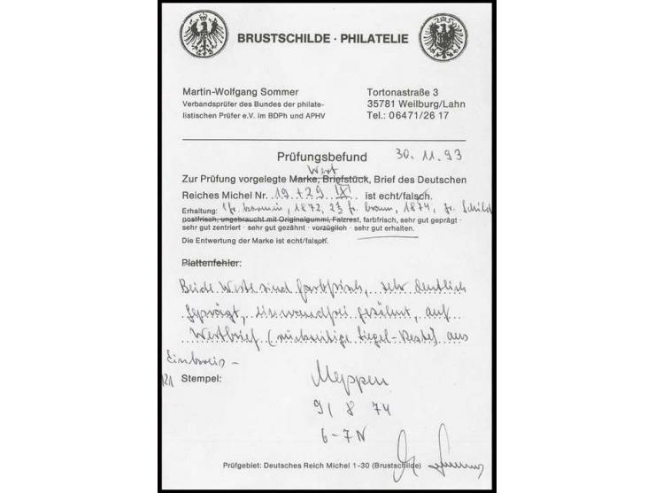 1 Gr. karmin mit großem Teil des linken Bogenrandes und 2½ auf 2½ Gr. rotbraun mit EKr. "MEPPEN 9/8 74" auf Wertbriefumschlag