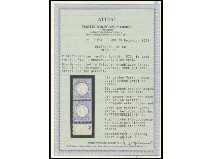 2 Gr. grauultramarin, senkrechtes Unterrandpaar mit Plattenkennzeichen "N" unter Feld 141, postfrisch, sehr gut geprägt, Prac