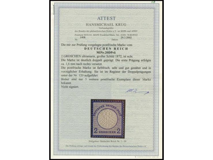 2 Gr. ultramarin mit sehr klarer Doppelprägung, postfrisch, im Register der Doppelprägungen unter Nr. 120 geführt, Kabinett, 