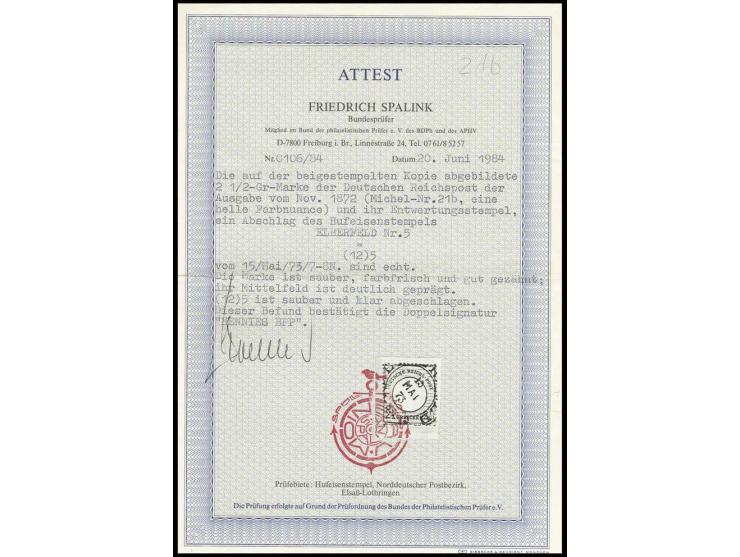 2½ Gr. lilabraun, farbfrisch und gut gezähnt mit zentrischem Hufeisenstempel "ELBERFELD 15 MAI 73" (Spalink-Nr. 12/5), Pracht