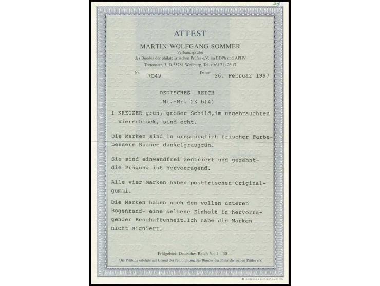 1 Kr. grünlicholiv, postfrischer Unterrand-4er-Block, sehr gut geprägt und gezähnt, Kabinett, Fotoattest Sommer BPP
