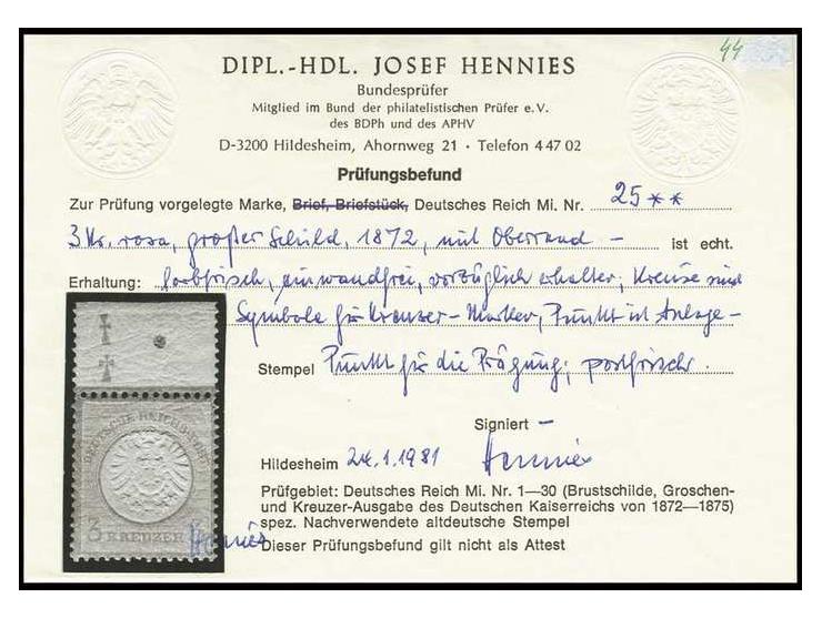 3 Kr. karmin, postfrische Oberrandmarke von Feld 6 mit Plattenkennzeichen "aufrecht stehende Kreuze" und Zähnungspunktur im B