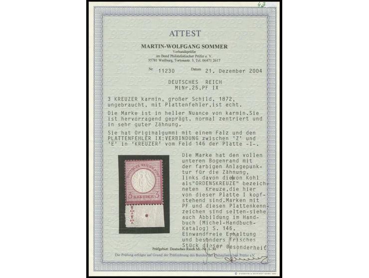 3 Kr. karmin, Unterrandmarke mit Plattenkennzeichen "2 kopfstehende Kreuze" und Zähnungspunktur im Bogenrand, mit Plattenfehl