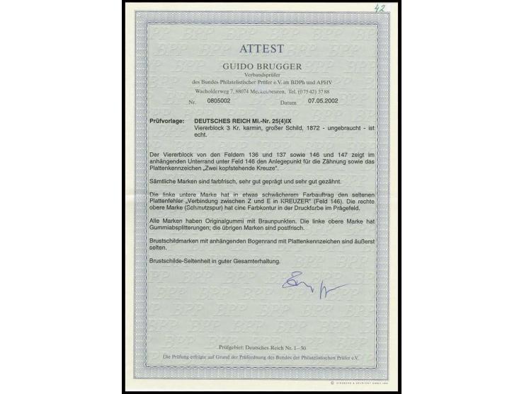 3 Kr. karmin im Unterrand-4er-Block mit Plattenkennzeichen "2 kopfstehende Kreuze" und Anlegepunkt im Bogenrand unter Feld 14