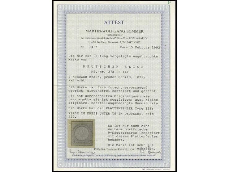 9 Kr. rötlichbraun mit Plattenfehler "Kerbe im Kreis unter TS in DEUTSCHE", Feld 122, postfrisch mit 2 kleinen herstellungsbe