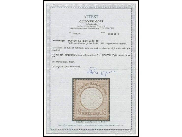 18 Kr. ockerbraun mit Plattenfehler "Punkt  unter zweitem E in KREUZER", postfrisch, Kabinett, Fotoattest Brugger BPP