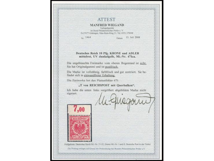 10 Pfg. mittelrot mit Plattenfehler "T von REICHSPOST mit Querbalken", postfrisch vom Oberrand (im Rand Falzspur), Pracht, Fo