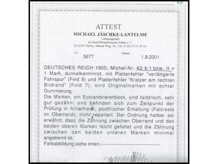 1 M. dunkelkarminrot mit Plattenfehler "Kratzer am rechten Bildrand" (Feld 7), postfrisch, Kabinett, Kopie eines Attestes Jäs