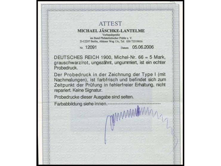 5 M., ungezähnter Probedruck auf dünnem, ungummiertem Papier, Pracht, selten, Fotoattest Jäschke-L. BPP