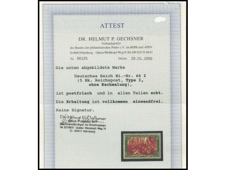 5 M. in Type I, postfrisch in einwandfreier Erhaltung, in dieser Erhaltung eine sehr seltene Marke, Fotoattest Dr. Oechsner B