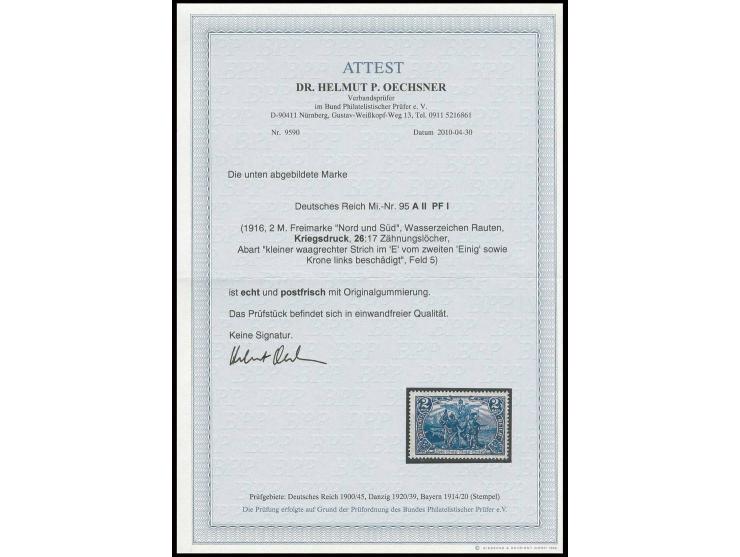 2 M. mit Plattenfehler "Krone links beschädigt", postfrisch, Pracht, Fotoattest Dr.Oechsner BPP (Mi.600,-)
