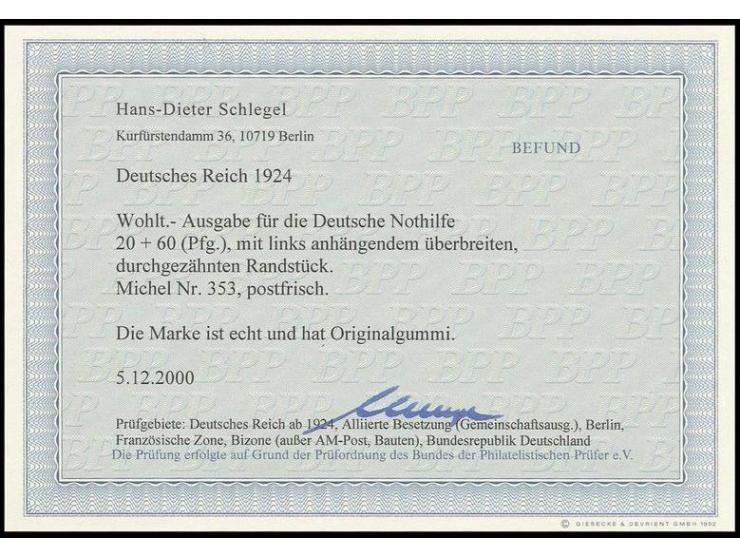 20 Pfg. mit durchgezähntem Leerfeld links, außerordentlich selten, Pracht, Fotobefund H.-D. Schlegel BPP (Mi. -,-)