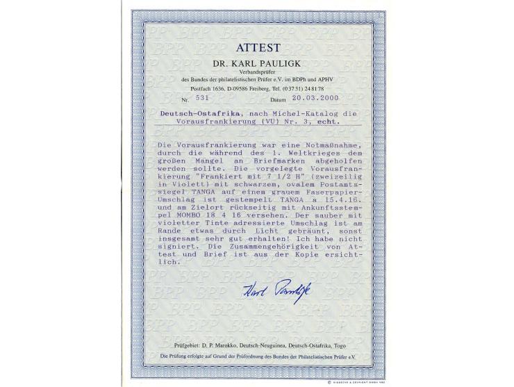Vorausfrankaturen: 1916, "Frankiert/mit 7 1/2 H." auf Umschlag der Missionshandelsgesellschaft mit Stempel "TANGA 15.4.16" na