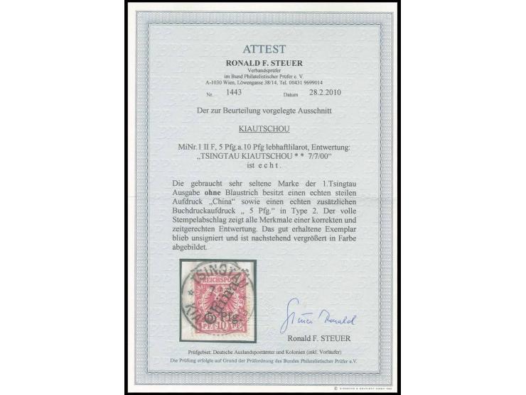mit Steilaufdruck: 5 Pfg. auf 10 Pfg. ohne Blaustrich, mit zentrischem Stempel "TSINGTAU 7/ 00" auf Briefstück, Pracht, Fotoa