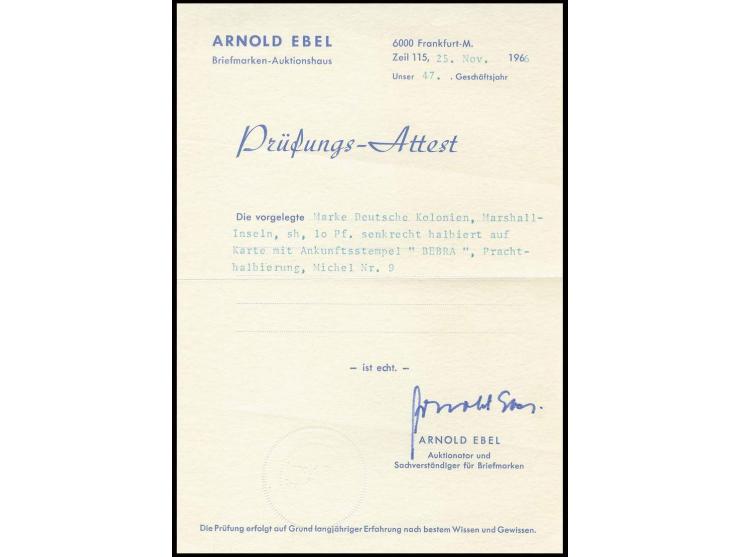 1899, 10 Pfg., senkrecht halbiert mit zentrischem Stempel "JALUIT MARSHALL INSELN 4/12 00" auf Ansichtskarte nach Bebra mit A