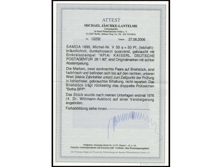 50 Pfg bräunlichrot, 2 senkrechte Paare mit zentrischem Stempel "KDPA APIA 28.1.90" auf Briefstück, rechte untere Marke Zahnf