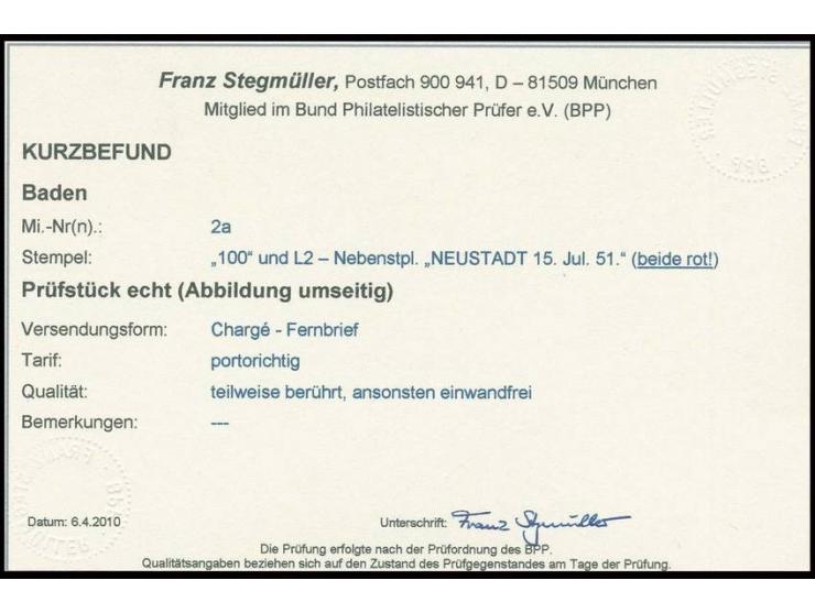 STEMPEL: "100" NEUSTADT in rot, 2 saubere Abschläge auf 3 Kr. auf orangegelb mit nebengesetztem rotem L2 "NEUSTADT 15 JUL. 51