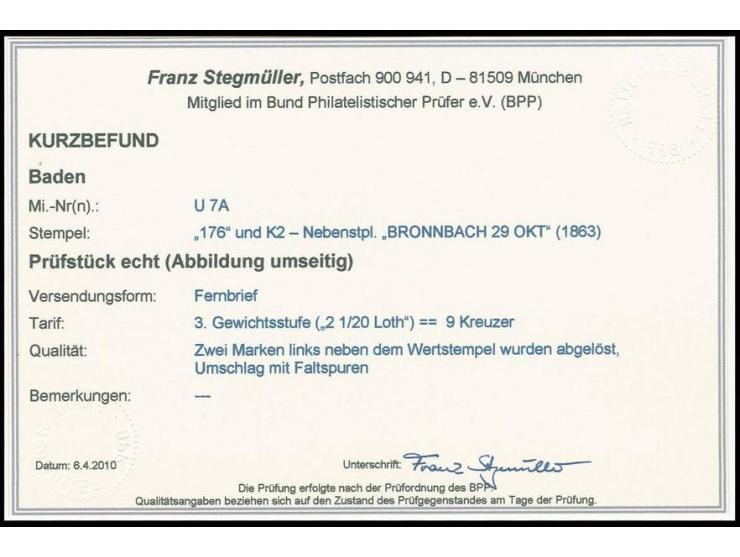 "176" BRONNBACH, klar und sauber vorschriftswidrig abgeschlagen auf Werteindruck eines Ganzsachenumschlages 3 Kr. rosa mit sa