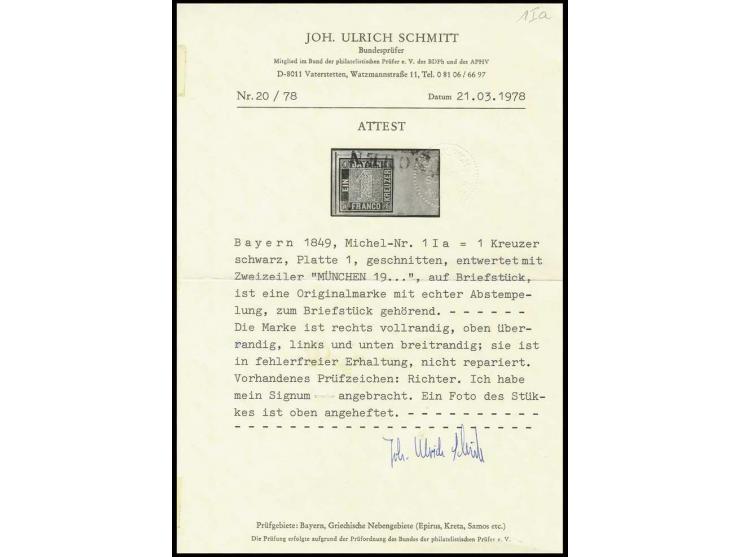 1 Kr. schwarz, voll- bis überrandig mit L2 von München auf Briefstück, Pracht, sign. Richter sowie Schmitt BPP mit Fotoattest